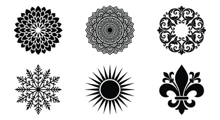 Vintage ornamental vector icons set, black mandala and fleur de lis symbols, decorative sun and snowflake elements for branding and logo design © Robiul