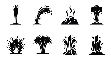 Black geyser and volcano eruption icons, set of 8 natural disaster and water fountain vector symbols, volcanic steam and liquid splash silhouettes © Shaila