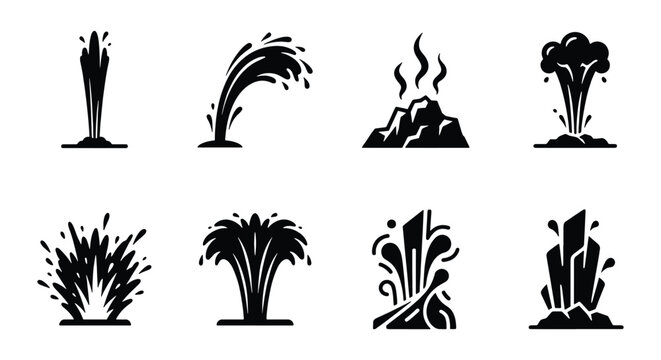 Black geyser and volcano eruption icons, set of 8 natural disaster and water fountain vector symbols, volcanic steam and liquid splash silhouettes
