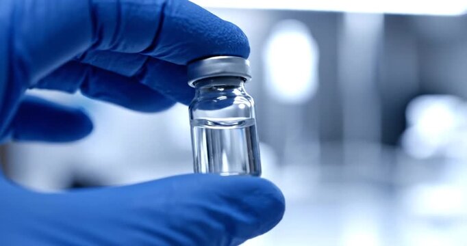 Gloved Hand Holding Medical Vial Closeup.
