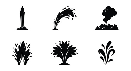 Black silhouette geyser and water splash icons, 6 natural fountain and volcano eruption elements, liquid spray and steam burst vector set © Sabbir