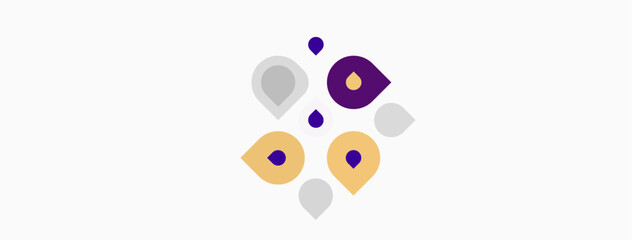 Fototapeta premium Abstract design features colorful droplet shapes. Minimalist composition with purple, gray, yellow hues. Clean aesthetic, simple form.