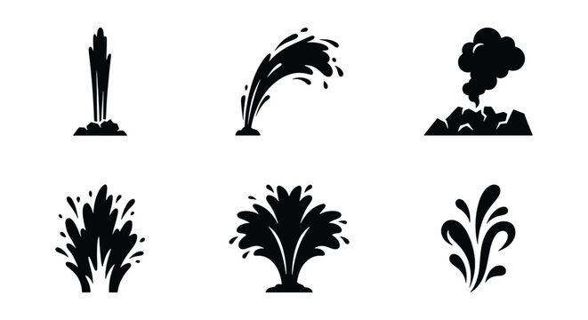 Black silhouette geyser and water splash icons, 6 natural fountain and volcano eruption elements, liquid spray and steam burst vector set