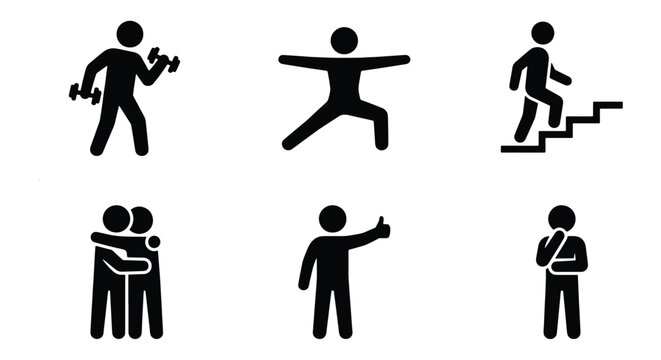 Minimalist black stick figure icons set, 6 human activity pictograms, fitness and lifestyle symbols, simple people silhouettes for infographics