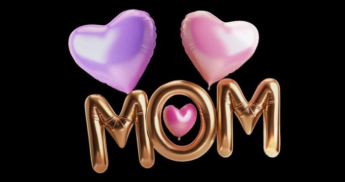 Golden 3D foil balloons spelling MOM with cute pink and purple heart-shaped balloons on a black background, Happy Mother's Day greeting text, mom typo