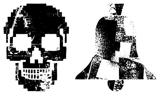 Distorted digital skull and bell symbols, retro pixel art, glitchy graphic design, vector, distressed aesthetic, tech inspired motifs.