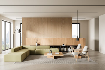 Fototapeta na wymiar Minimalist living room interior with wooden panel wall, modern furniture, large windows, soft neutral palette, serene atmosphere. 3D Rendering