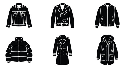 Black jacket icons set, outerwear clothing vector silhouettes, winter coats and fashion apparel collection, 6 garment elements for retail design © Sabbir