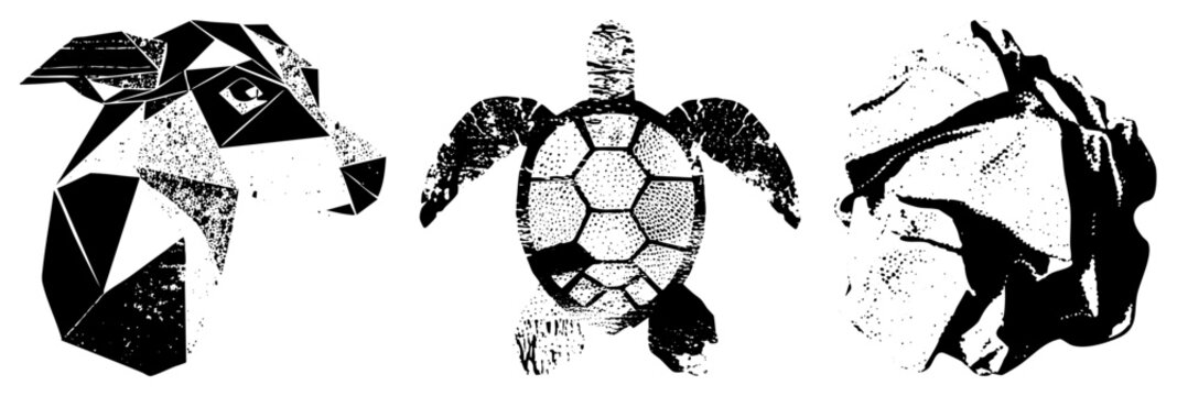 Black and white stylized dog head with polygonal shapes, turtle with hexagonal, crumpled paper texture, minimalist vector art, halftone dot, isolated design elements.