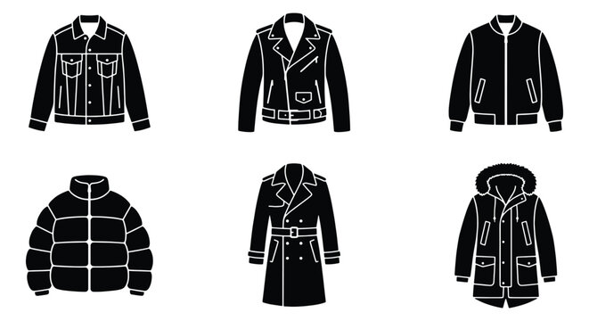 Black jacket icons set, outerwear clothing vector silhouettes, winter coats and fashion apparel collection, 6 garment elements for retail design