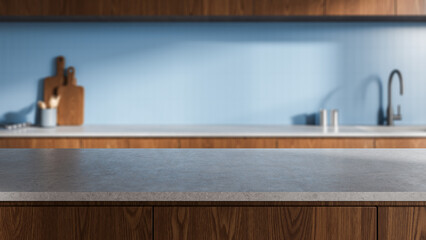 Modern kitchen interior with stone countertop surface for product mockup and presentation in...