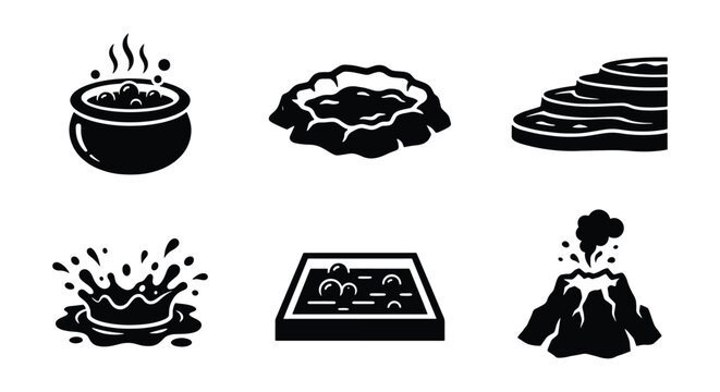 Geothermal activity and hot spring icons set, black silhouette volcanic elements, thermal water pool and geyser eruption vector graphics