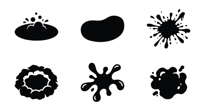 Black ink splat and liquid splash collection, 6 vector paint blot silhouettes, comic style water drop and oil spill icons for graphic design