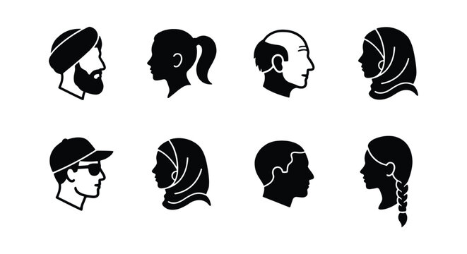 Diverse people profile icons set, 8 black silhouette avatar heads, multicultural human faces in side view, inclusive community vector graphics