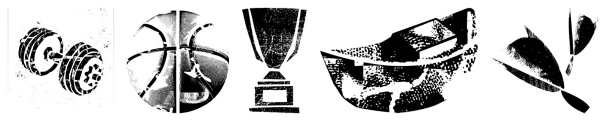 Obraz premium Black and white halftone vector depicting fitness, sports, victory, watercraft, and nature. Stylized graphic symbols with dot texture.