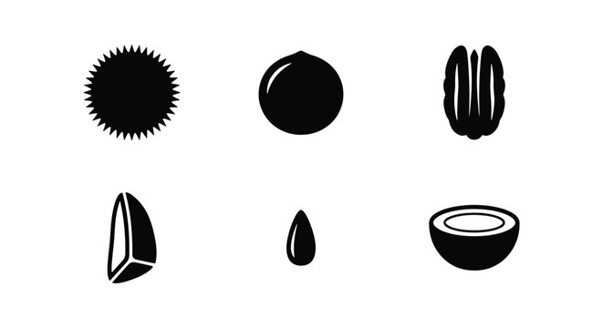 Minimalist nut icon set with 6 black vector symbols, organic seed and nut silhouettes, flat graphic elements for food packaging and healthy snack branding