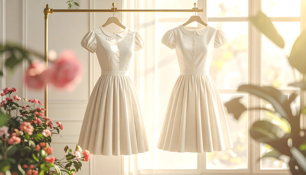 Tea dress with fitted bodice and pleated skirt hanging on a brass rack in a sunlit boutique with warm light generative AI
