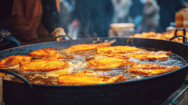 Sagra del Pesce, Seafood frying in hot oil inside large pan at Sagra del Pesce festival capturing dynamic cooking process and traditional Italian street food preparation