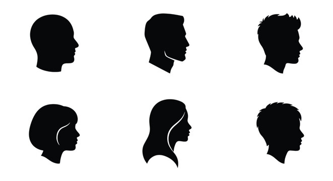 Minimalist human head silhouettes, set of 6 male and female profile icons, black side view avatars for identity and user profile design