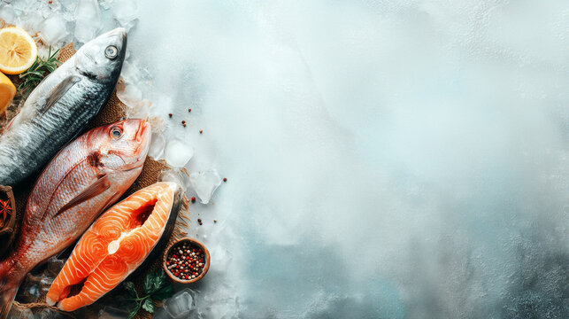 Sagra del Pesce, Fresh raw fish assortment with spices and herbs arranged on light background representing Sagra del Pesce seafood festival culinary preparation concept