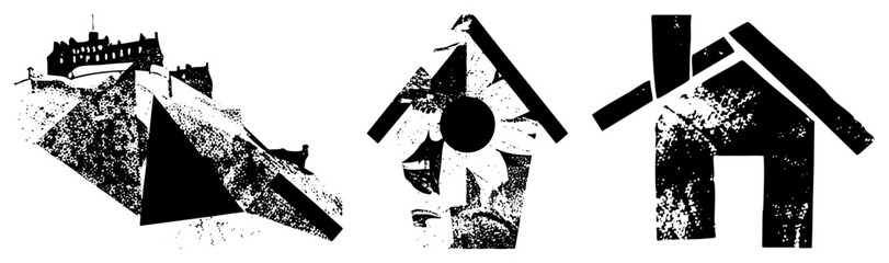 Obraz premium Stylized home shapes with fragmented forms, halftone shading, design, architectural, graphic vector elements.