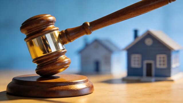 Judges gavel with model houses