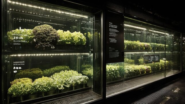 Vertical farming system showcasing lush leafy greens cultivated under controlled lighting