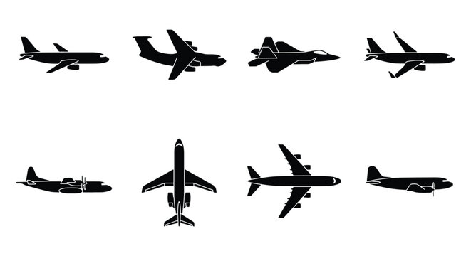 Airplane silhouette collection, set of 8 black aircraft icons, commercial jet and military fighter plane vectors, aviation transport symbols