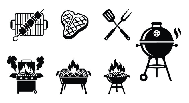 Barbecue grill icons set, black silhouette BBQ equipment collection, outdoor cooking tools and grilled meat vector illustrations for restaurant menus