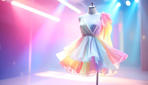 Party dress with diagonal chiffon layers on a ghost mannequin in a neon lit club with blurred lights and transparency generative AI