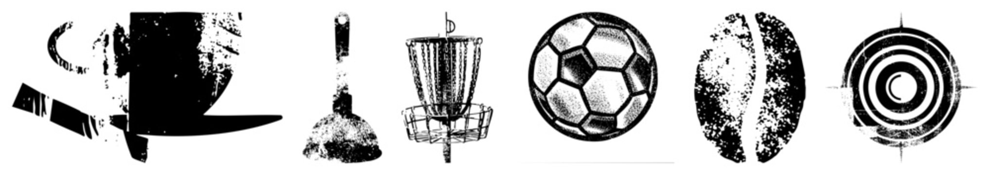 Vector with distressed textures coffee cup, plunger, disc golf basket, soccer ball, coffee bean, target. Urban, gritty, stylized symbols for apps or branding.