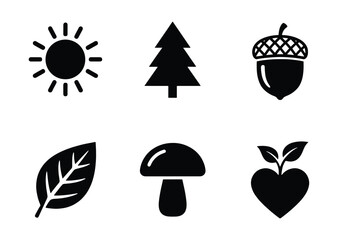 Minimalist nature icon set with 6 black vector symbols, forest and autumn elements collection, flat sun tree acorn leaf mushroom and heart sprout icons © MD