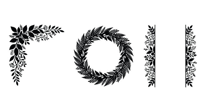 Vintage floral border set with black leaf wreath and corner frame, elegant botanical vector elements for wedding invitations and stationery design