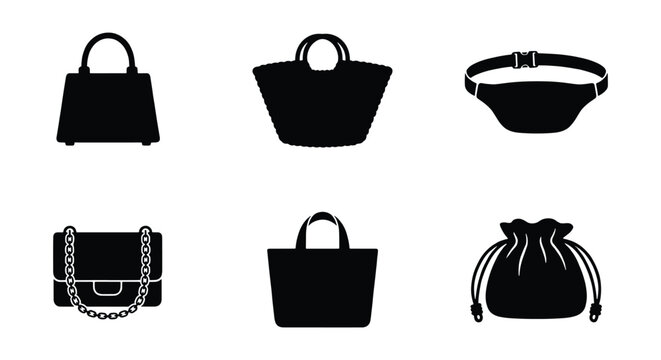Fashion handbag silhouette icons set, black female purse and tote bag collection, 6 vector accessory elements for retail and shopping design
