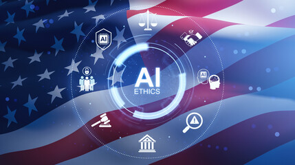 Obraz premium AI ethics concept with digital technology icons displayed over a waving USA flag background symbolizing governance, regulation, and innovation in society. 3D Rendering