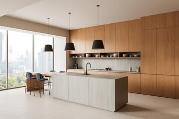 Modern minimalist kitchen interior with wood cabinetry, large windows, sleek island, pendant...
