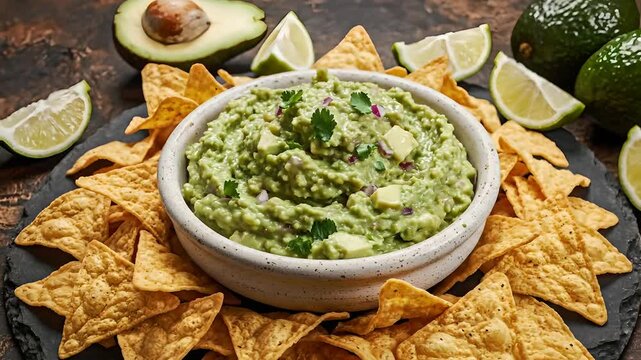 Guacamole casero en taz&oacute;n cer&aacute;mico con nachos crujientes, limas frescas y aguacates sobre fondo oscuro. Perfecto para publicidad de comida mexicana y festejos de Cinco de Mayo.