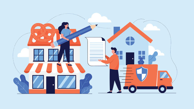 Business logistics and service concept showing people signing documents, a delivery truck with a shield, and a local bakery shop storefront.