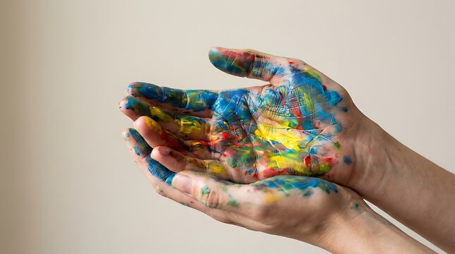 Cupped hands present a colorful mix of paint against a neutral background.