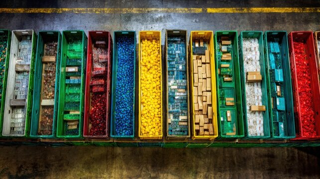 Top-down view of color-coded industrial bins filled with sorted materials and electronic components in a factory setting.