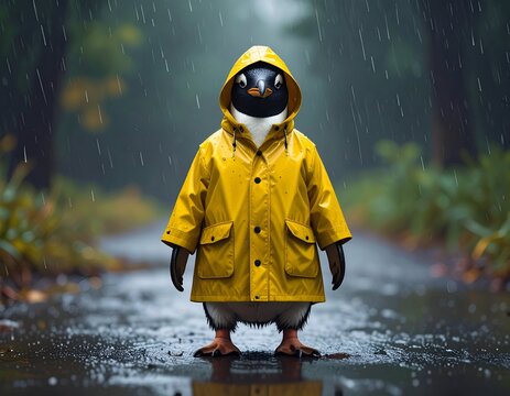 Adorable surreal 3D rendering of a cute little penguin wearing a yellow waterproof raincoat in the heavy rain.
