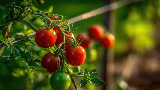 Ripe red and green tomatoes growing on a vine in a lush backyard garden, showcasing the bounty of nature and healthy produce.