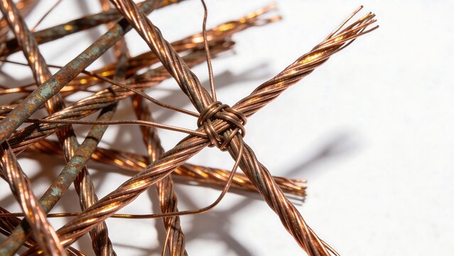 Twisted copper wires on white background