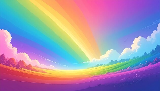 Rainbow Over the Landscape: A vibrant rainbow arcs across a picturesque landscape, its colorful bands painting the sky, with clouds and fields below, capturing the hopeful spirit and natural beauty.