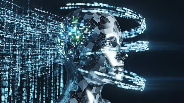 A digital human head is formed from flowing code and geometric shapes, representing artificial intelligence.