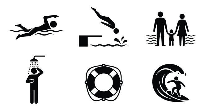 Swimming and water sports icon set, black silhouette pool and beach activity symbols, 6 vector elements for summer vacation signage