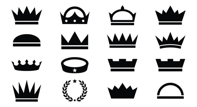 Minimalist black crown icons set, 16 royal tiara and diadem vector elements, elegant heraldic headwear symbols for luxury branding and logo design