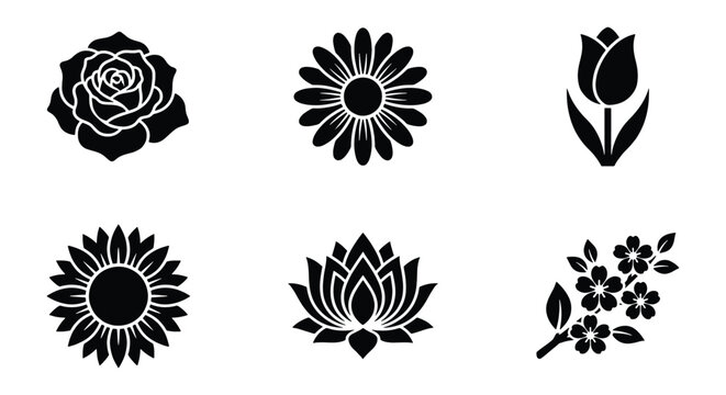 Minimalist black flower icons set, 6 floral vector silhouettes including rose and lotus, elegant botanical garden symbols for logo design