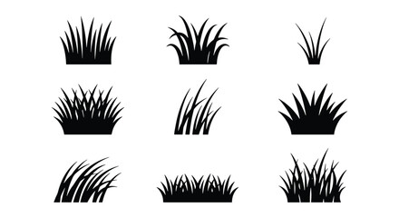 Black grass silhouette icons set, 9 vector grass tufts and meadow plant elements, minimalist lawn and field vegetation symbols for landscape design © Arif