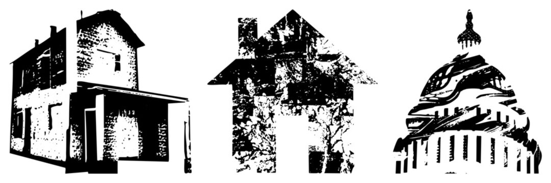 Architectural depicted in gritty halftone style Victorian house, simple home, Capitol dome. Black and white vector illustrations with textured shading.